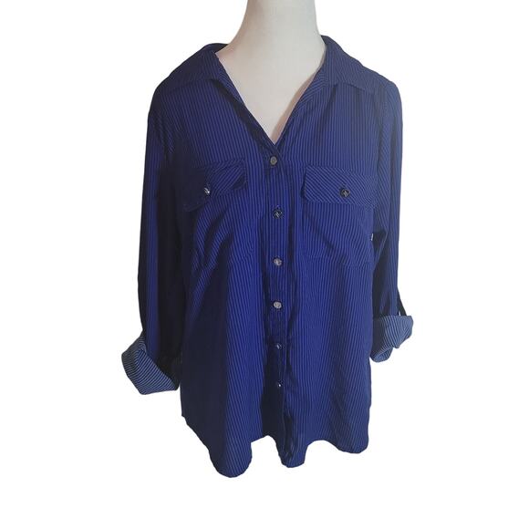 Adrienne Vittadini Size M Striped Long Sleeve Button Up Roll tab Top Office - Picture 1 of 10